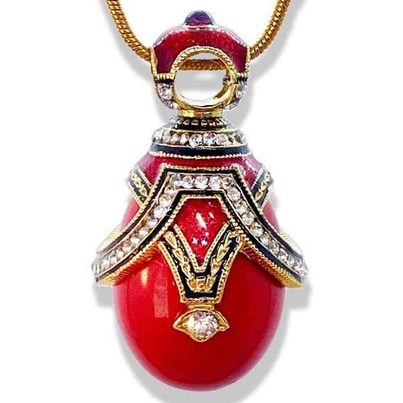 Hermitage enamel design Jewelry - RED CORAL STERLING Silver Art Deco Faberge Enamel Egg Pendant Swarovski Garnet